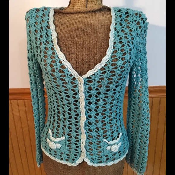 🧵 teal blue crocheted sweater by August Silk - Picture 2 of 6